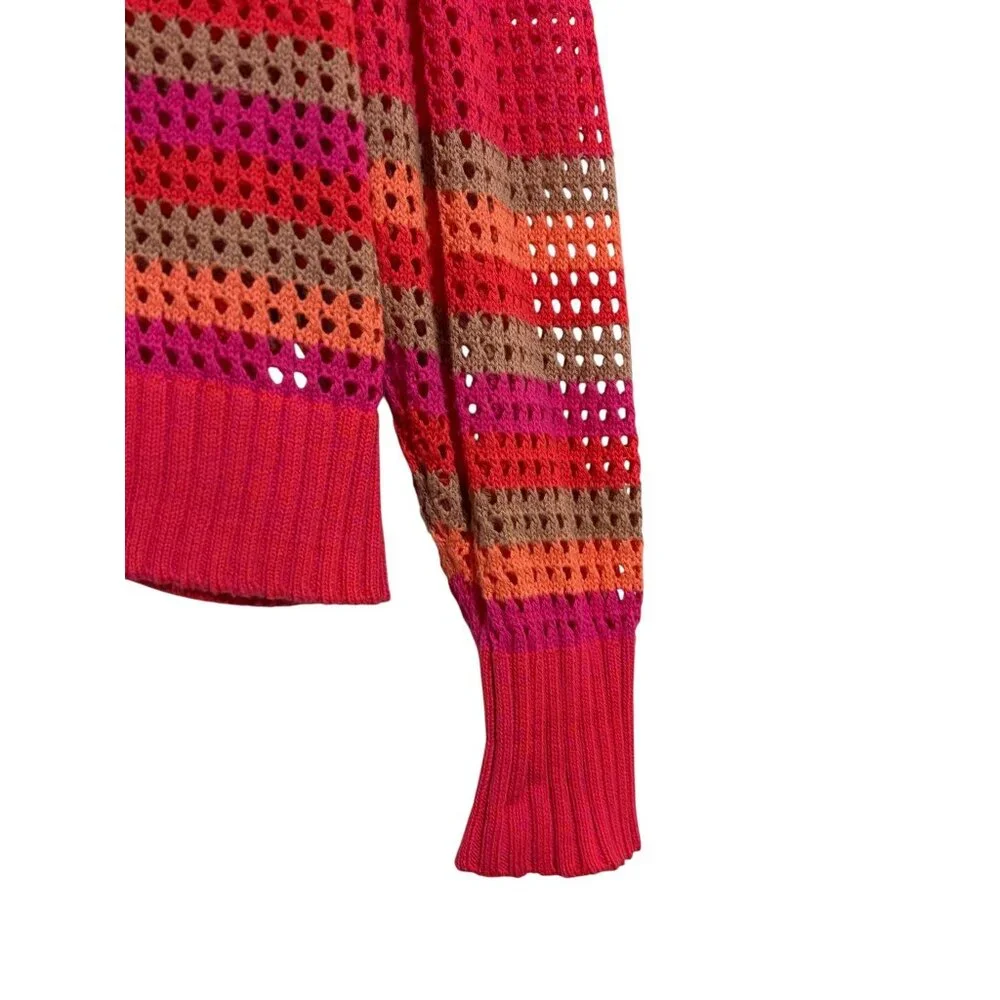 525 Striped Top L Fishnet Open Knit Crochet Cover Up Maximalist Resort Cruise - Picture 4 of 8